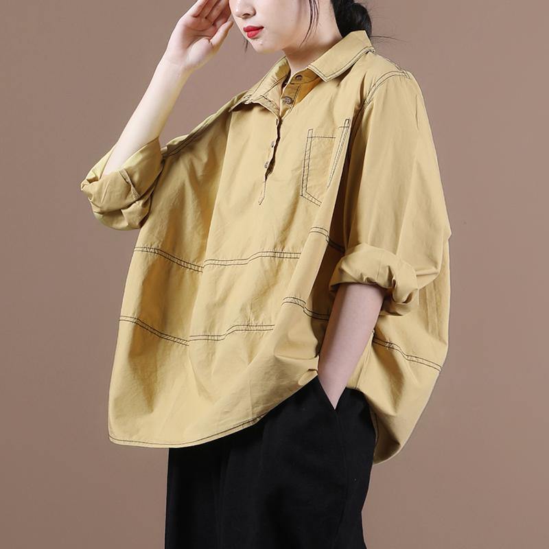 Natural yellow clothes lapel baggy Midi blouse - SooLinen