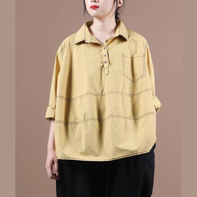 Natural yellow clothes lapel baggy Midi blouse - SooLinen