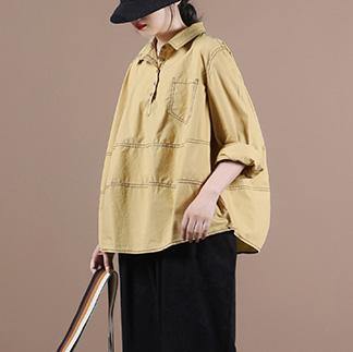 Natural yellow clothes lapel baggy Midi blouse - SooLinen