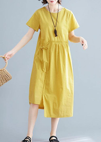 2021 Natural yellow linen cotton Robes o neck drawstring Maxi summer Dresses - SooLinen