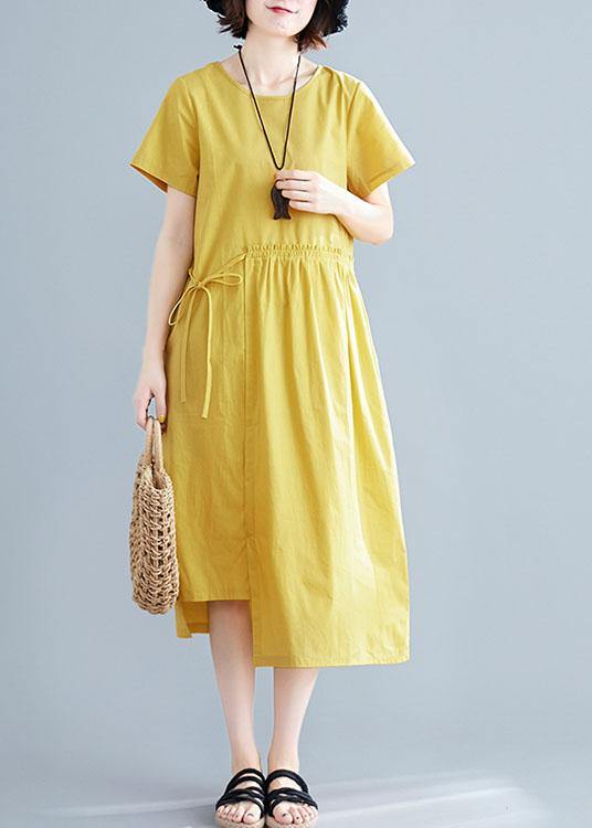 Natural yellow linen cotton Robes o neck drawstring Maxi summer Dresses - SooLinen