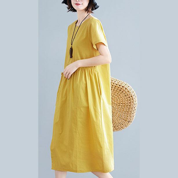 2021 Natural yellow linen cotton Robes o neck drawstring Maxi summer Dresses - SooLinen