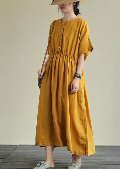 Natural yellow linen outfit o neck elastic waist linen robes summer Dresses - SooLinen