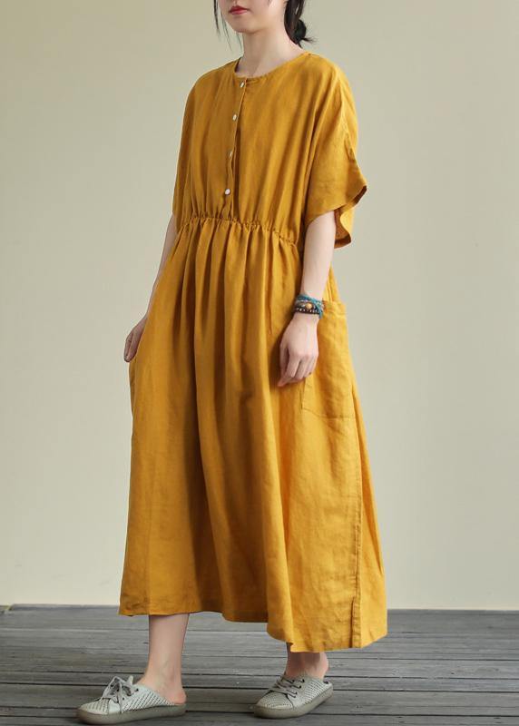 Natural yellow linen outfit o neck elastic waist linen robes summer Dresses - SooLinen