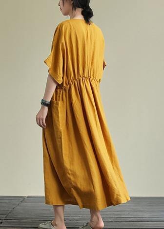 Natural yellow linen outfit o neck elastic waist linen robes summer Dresses - SooLinen