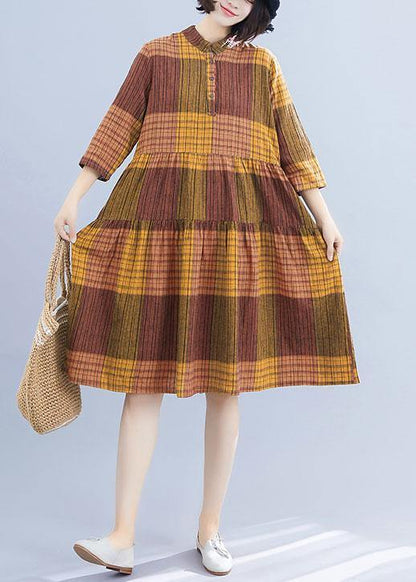 Natural yellow plaid linen clothes For Women stand collar Maxi summer Dresses - SooLinen