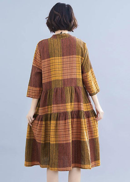 Natural yellow plaid linen clothes For Women stand collar Maxi summer Dresses - SooLinen