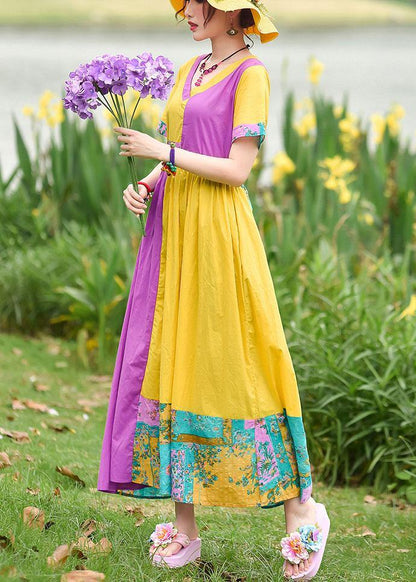 Natural yellow purple print cotton Tunics v neck patchwork Maxi summer Dress - SooLinen
