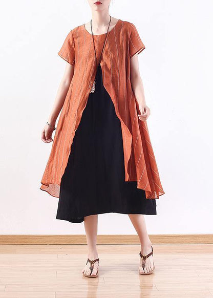 Natural yellow striped blended tunics for women false two pieces cotton summer Dress - SooLinen