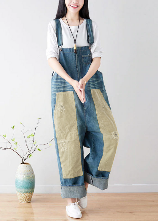 Natürliche Blaue taschen Patchwork denim Overalls Frühling