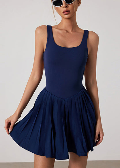 Navy Backless Solid Yoga Tennis Pleated Dress