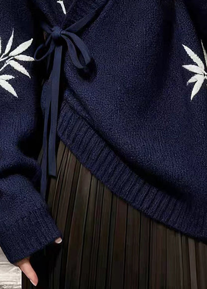 Navy Bamboo Print Lace Up Knit Sweaters V Neck Spring