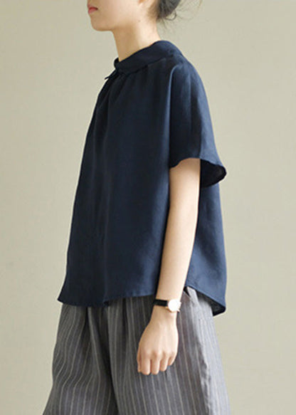 Camisa de lino azul marino acogedora de manga corta