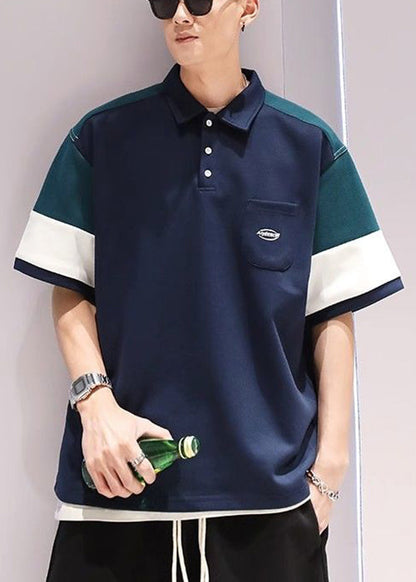 Navy Button Pockets Patchwork Cotton Polo Shirts Men Summer