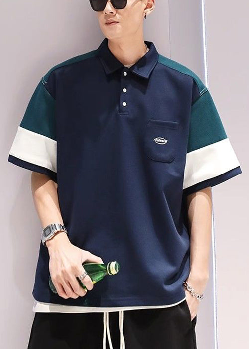 Navy Button Pockets Patchwork Cotton Polo Shirts Men Summer