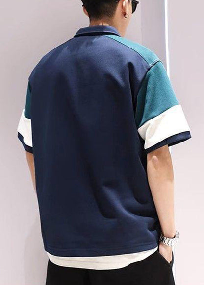 Navy Button Pockets Patchwork Cotton Polo Shirts Men Summer