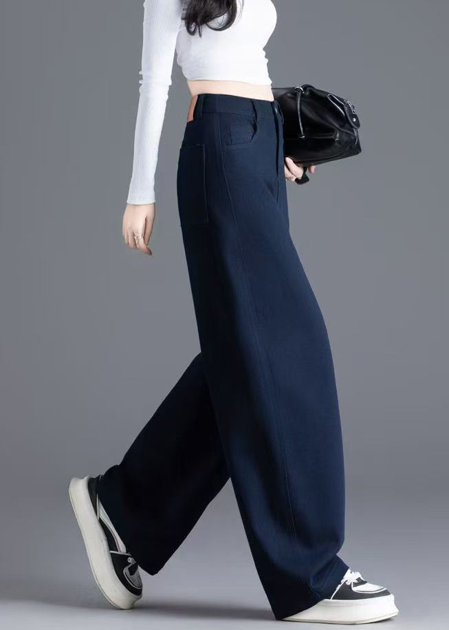 Navy Button Pockets Solid Denim Wide Leg Pants High Waist