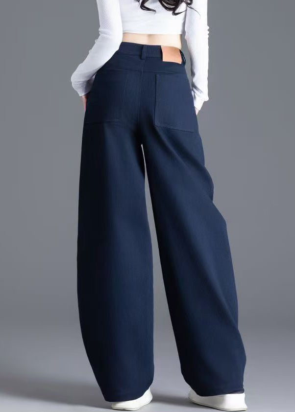 Navy Button Pockets Solid Denim Wide Leg Pants High Waist