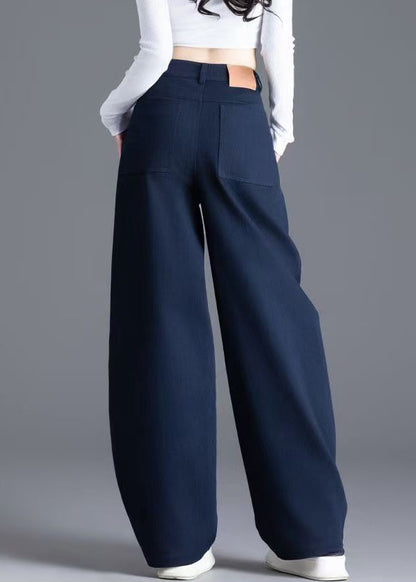 Navy Button Pockets Solid Denim Wide Leg Pants High Waist