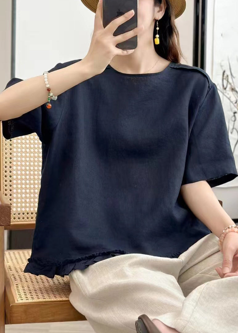 Navy Button Solid Linen Blouse Tops O Neck Summer