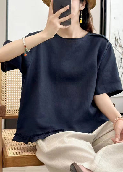 Navy Button Solid Linen Blouse Tops O Neck Summer