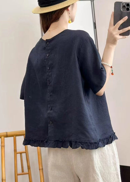 Navy Button Solid Linen Blouse Tops O Neck Summer