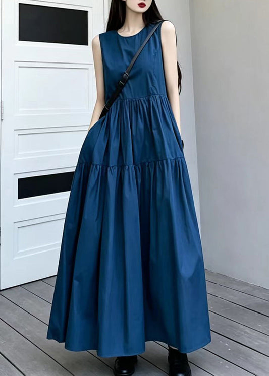 Navy Cotton Vacation Dresses O-Neck Exra Large Hem Summer