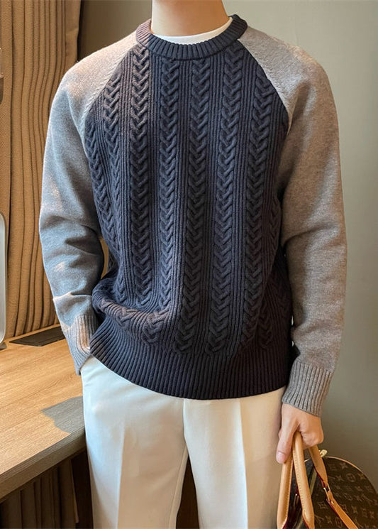 Navy Cozy Patchwork Cable Knit Fall Mens Sweaters O Neck