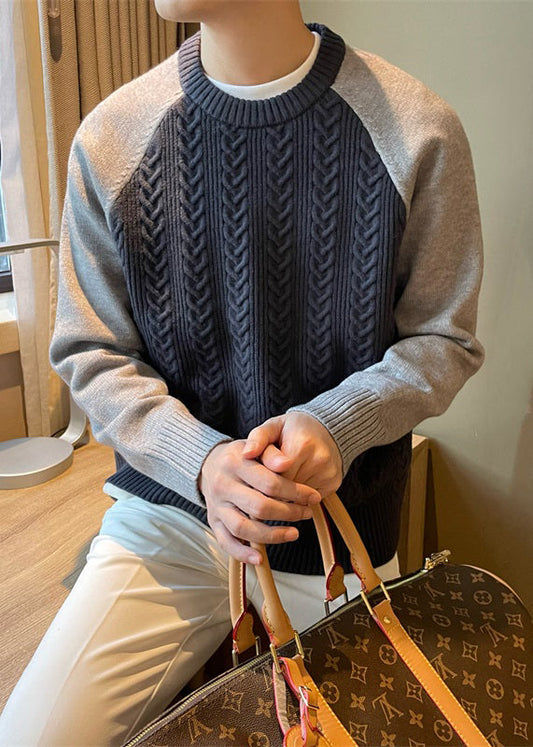 Navy Cozy Patchwork Cable Knit Fall Mens Sweaters O Neck