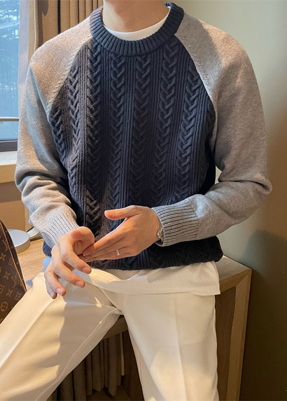 Navy Cozy Patchwork Cable Knit Fall Mens Sweaters O Neck