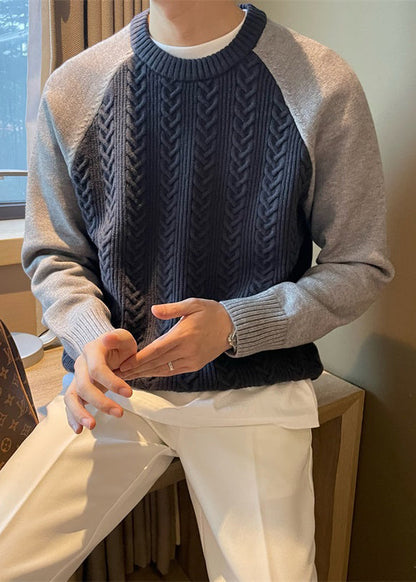 Navy Cozy Patchwork Cable Knit Fall Mens Sweaters O Neck
