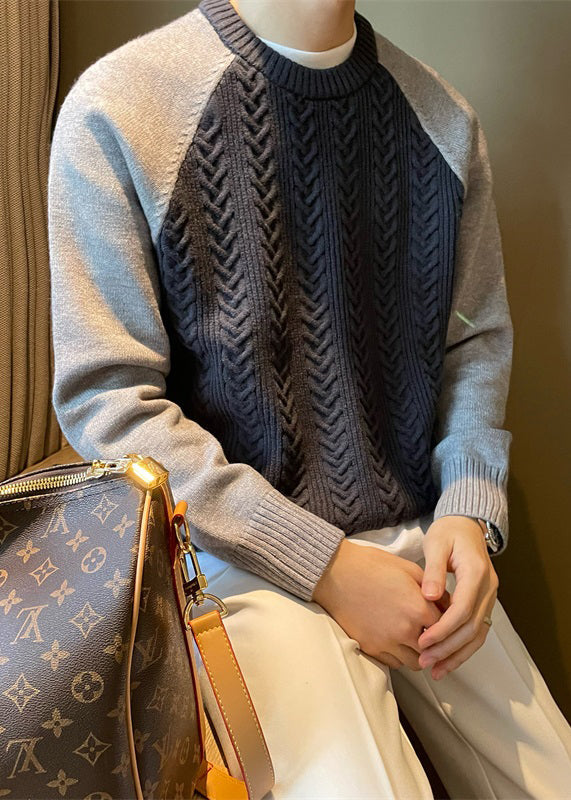 Navy Cozy Patchwork Cable Knit Fall Mens Sweaters O Neck