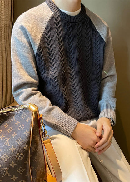 Navy Cozy Patchwork Cable Knit Fall Mens Sweaters O Neck