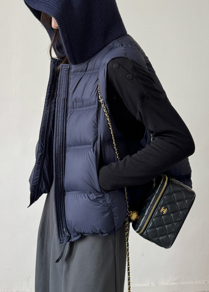 Chaleco de plumón de pato con parches lisos y cordón azul marino con cremallera para invierno