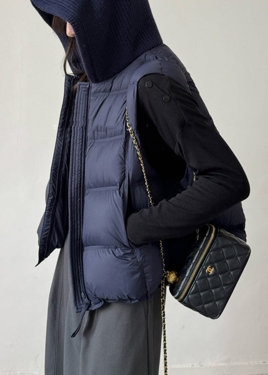 Chaleco de plumón de pato con parches lisos y cordón azul marino con cremallera para invierno