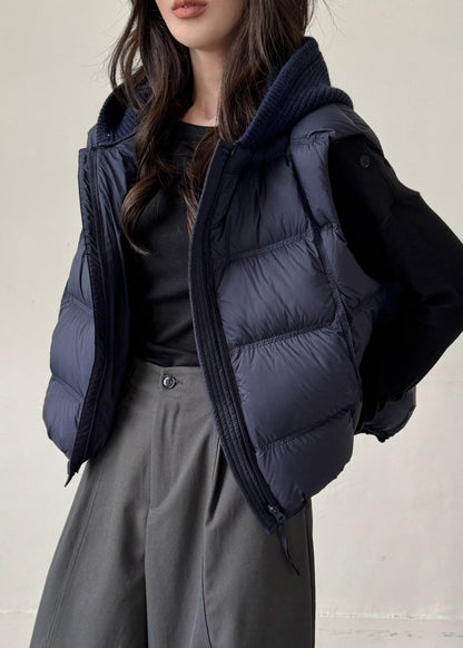 Chaleco de plumón de pato con parches lisos y cordón azul marino con cremallera para invierno