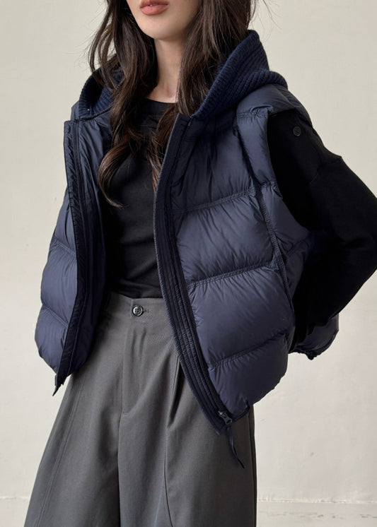 Chaleco de plumón de pato con parches lisos y cordón azul marino con cremallera para invierno