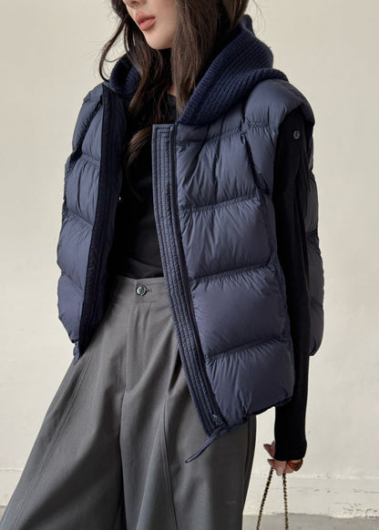 Chaleco de plumón de pato con parches lisos y cordón azul marino con cremallera para invierno