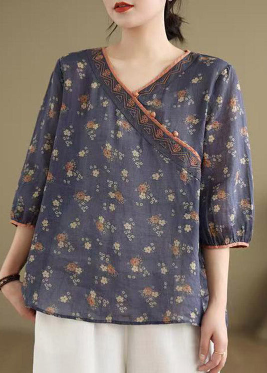 Navy Embroidered Patchwork T Shirt Short Sleeve
