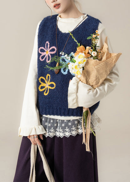 Marineblaues, geblümtes, kuscheliges Strickwesten-Top mit Rundhalsausschnitt für den Frühling