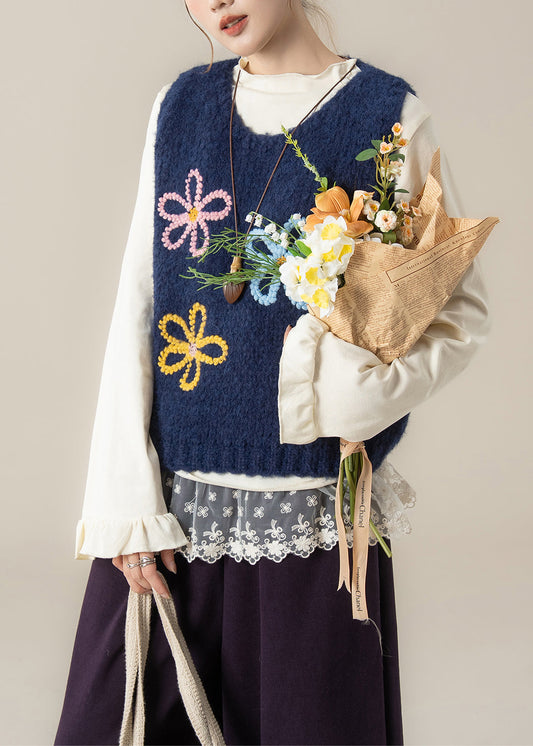 Navy Floral Cozy Knit Vest Tops O Neck Spring