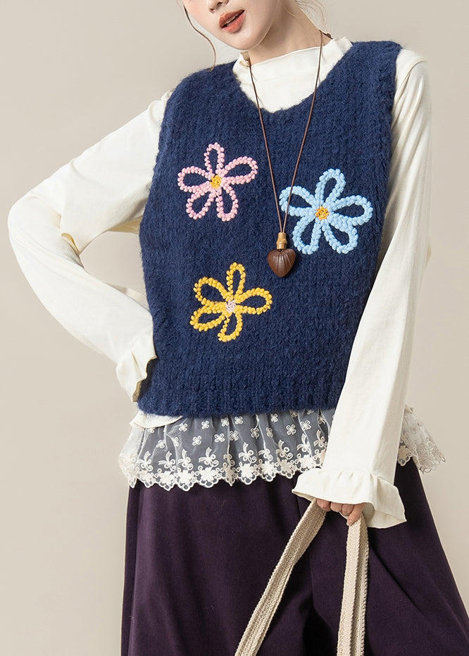 Marineblaues, geblümtes, kuscheliges Strickwesten-Top mit Rundhalsausschnitt für den Frühling