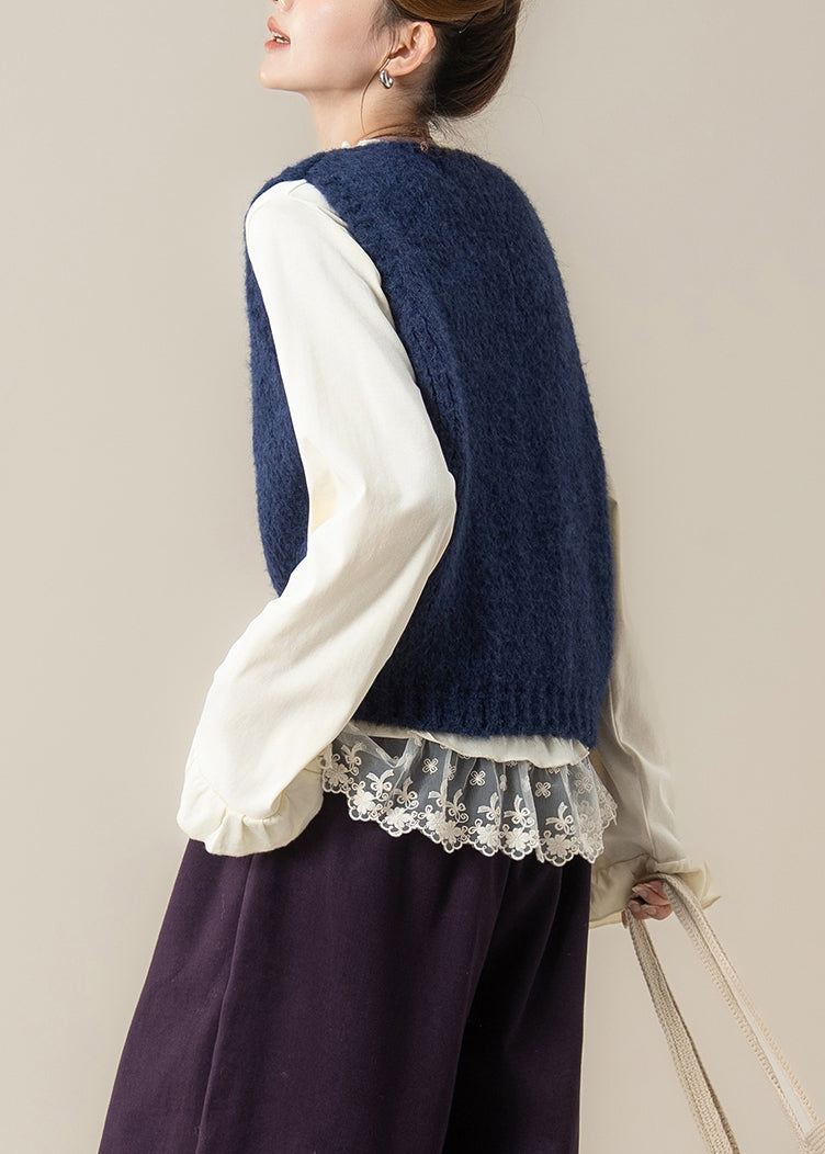 Marineblaues, geblümtes, kuscheliges Strickwesten-Top mit Rundhalsausschnitt für den Frühling