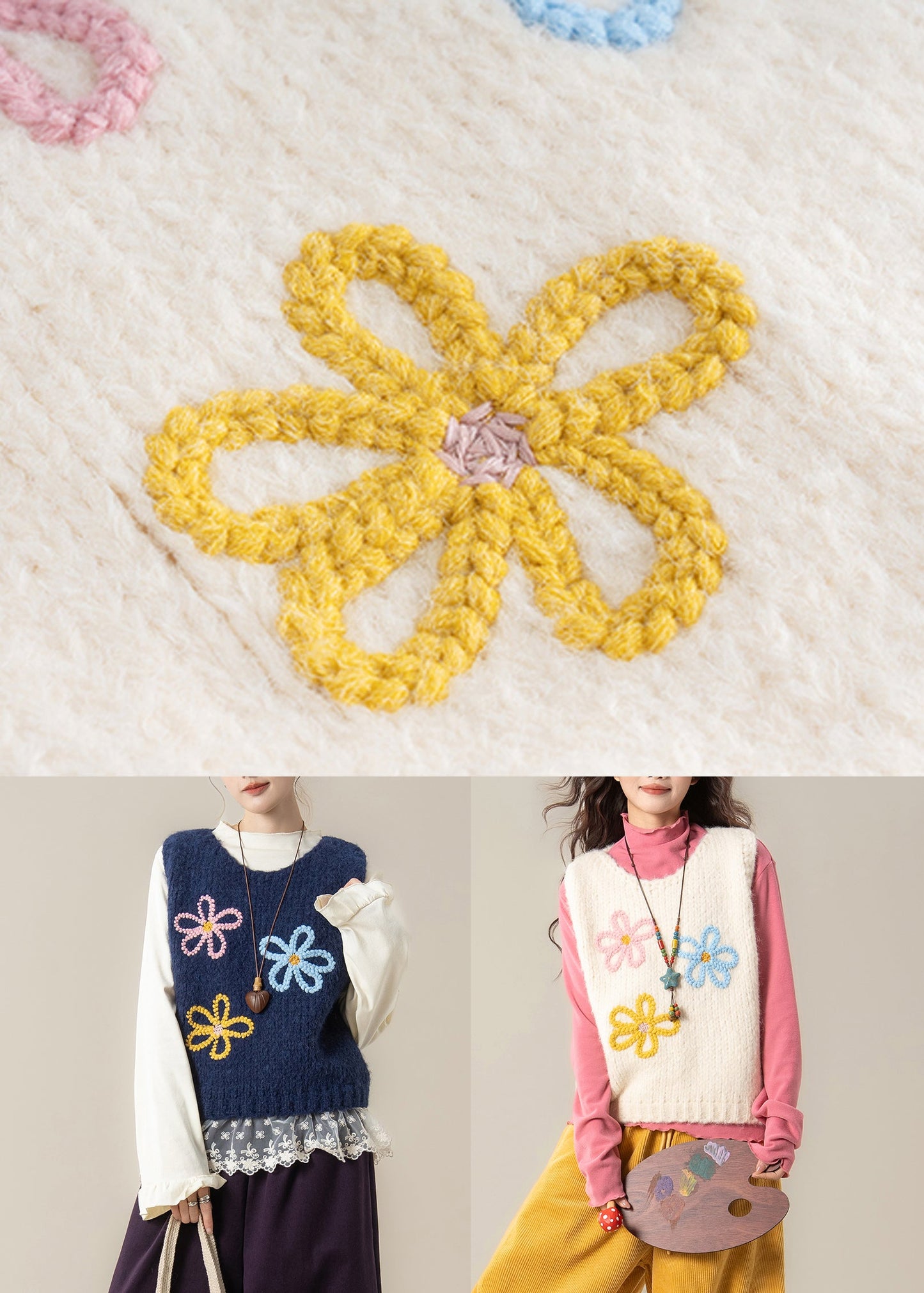 Marineblaues, geblümtes, kuscheliges Strickwesten-Top mit Rundhalsausschnitt für den Frühling