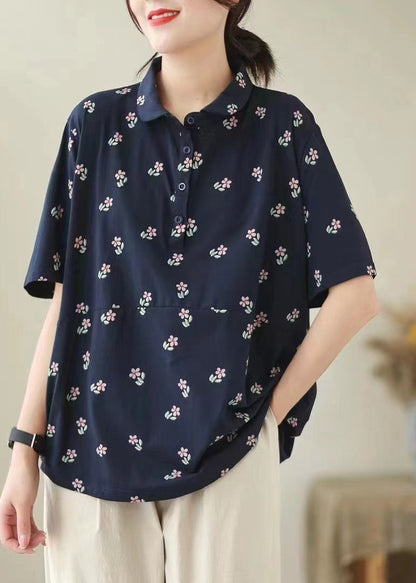 Camiseta de algodón con cuello Peter Pan y estampado floral azul marino para verano