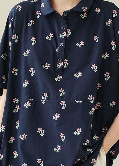 Camiseta de algodón con cuello Peter Pan y estampado floral azul marino para verano