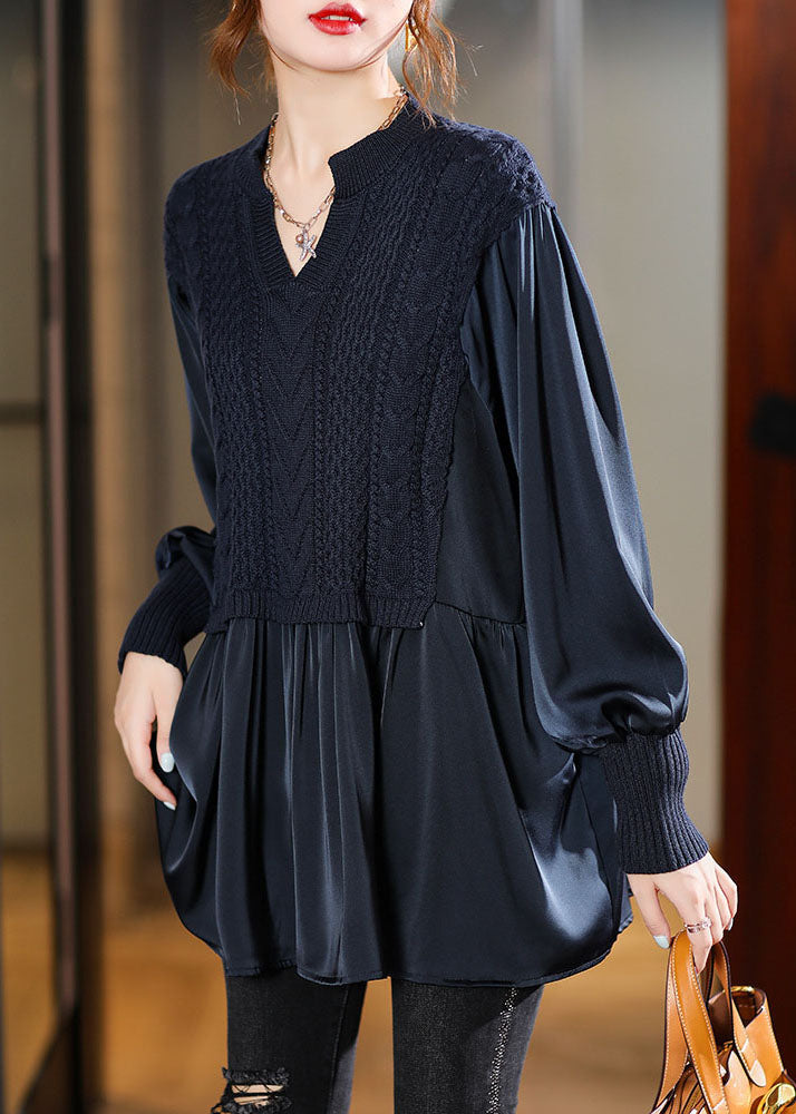 Marineblaue Strickblusen mit Puffärmeln, Wintertop