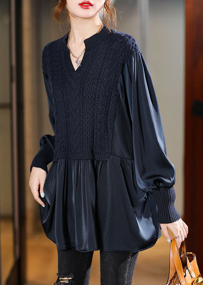 Marineblaue Strickblusen mit Puffärmeln, Wintertop