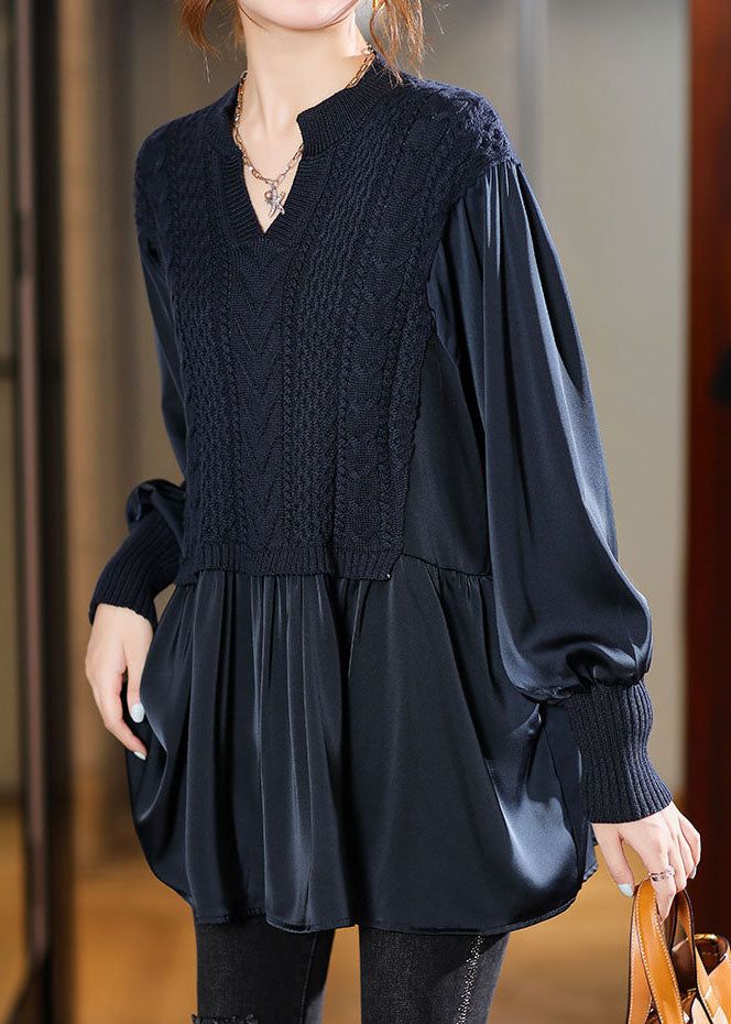 Marineblaue Strickblusen mit Puffärmeln, Wintertop