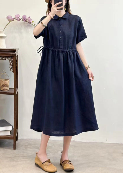 Navy Lace Up Solid Linen Summer Long Dress Peter Pan Collar
